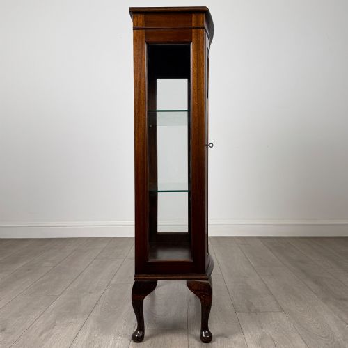 fig 6. An antique mahogany display cabinet featuring a single door with geometric astragal glazing bars, glass shelves, and cabriole legs.