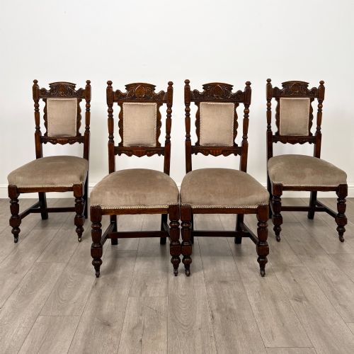 Antique 19th Century Victorian Set Of 4 Dining Chairs In Oak