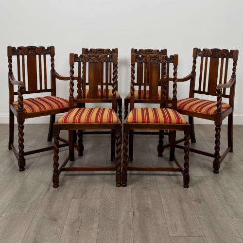Antique 20th Century Set of 6 Barley Twist Dining Chairs in Oak