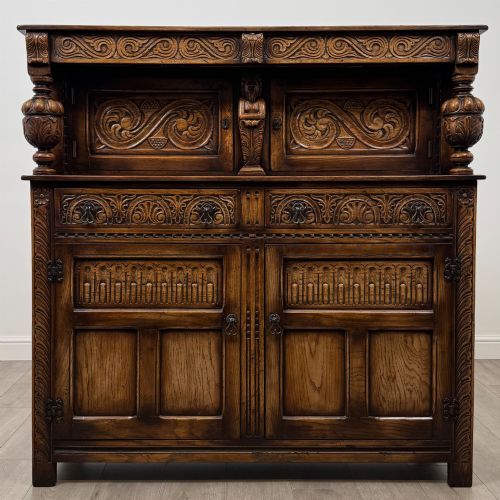 Antique 20th Century Carved Oak Court Cupboard