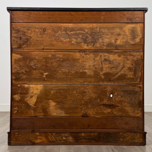 fig 5. An antique 19th-century Victorian mahogany open bookcase featuring four tier shelves, rounded front corners, and a solid plinth base.