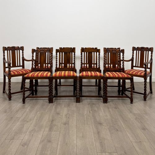Antique 20th Century Set Of 10 Barley Twist Dining Chairs In Oak