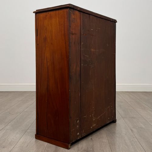 fig 4. A small Victorian mahogany double-door cupboard featuring raised central panels, green circular brass flower mounts, and a decorative central keyhole.