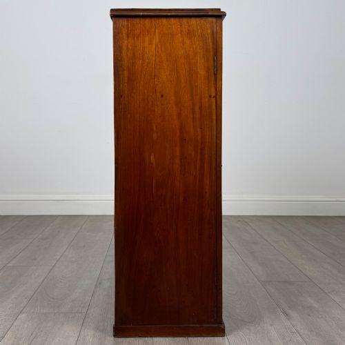 fig 7. A small Victorian mahogany double-door cupboard featuring raised central panels, green circular brass flower mounts, and a decorative central keyhole.