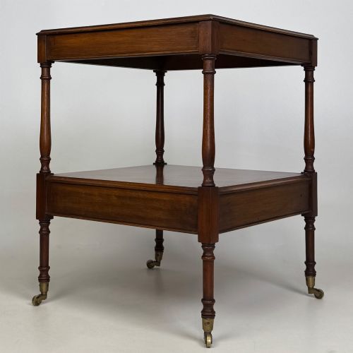 fig 4. A pair of 20th-century warm mahogany bedside tables featuring turned support pillars, open middle shelves, single lower drawers with brass handles, and brass castors.