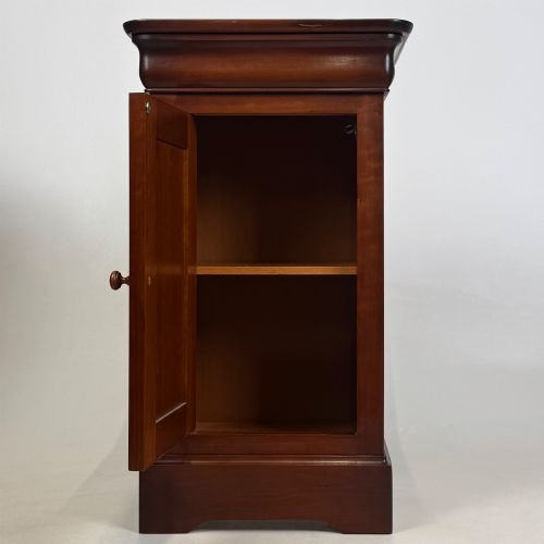 fig 2. A matching pair of 20th-century mahogany bedside cabinets featuring single panelled doors, turned wooden handles, moulded cornices, and solid plinth bases.