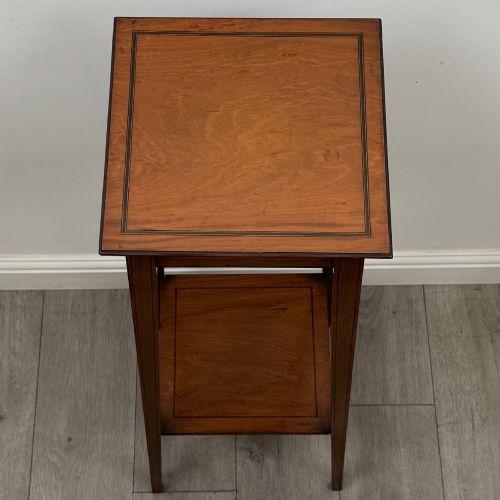fig 6. A tall, slender Edwardian satinwood plant stand with square tapered legs, a flat square top, and a lower undertier shelf.