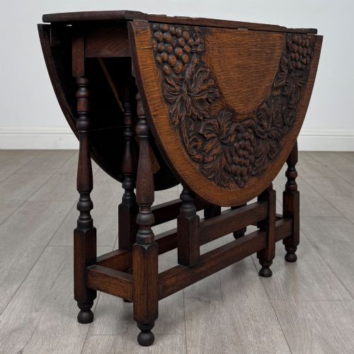Antique 19th Century Carved Victorian Drop Leaf Table in Oak