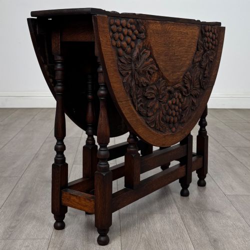 fig 5. Antique 19th Century Carved Victorian Drop Leaf Table In Oak