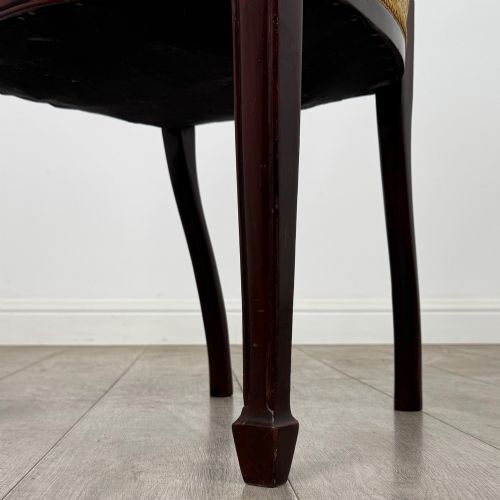 fig 5. A set of four dark mahogany dining chairs with carved oval backs, slender vertical splats, and gold damask upholstered seats.
