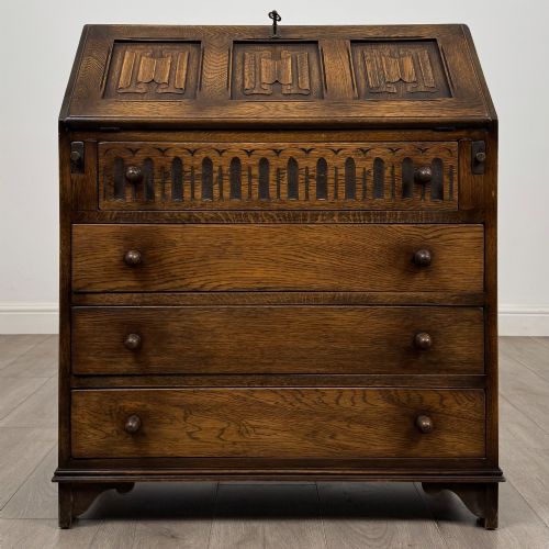 Antique 20th Century Carved Linenfold Bureau in Oak