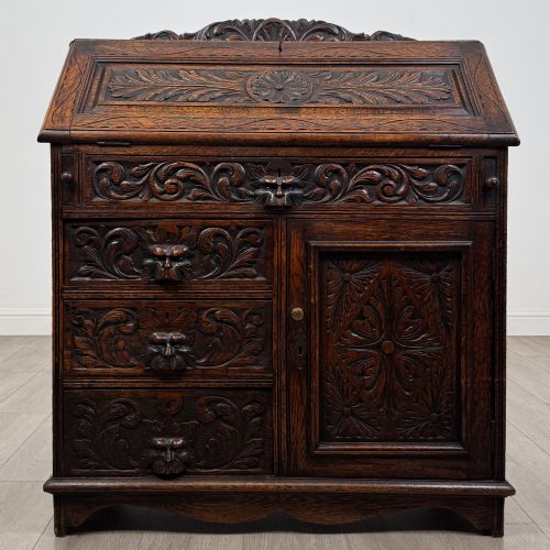 Antique 19th Century Carved Victorian Green Man Bureau in Oak