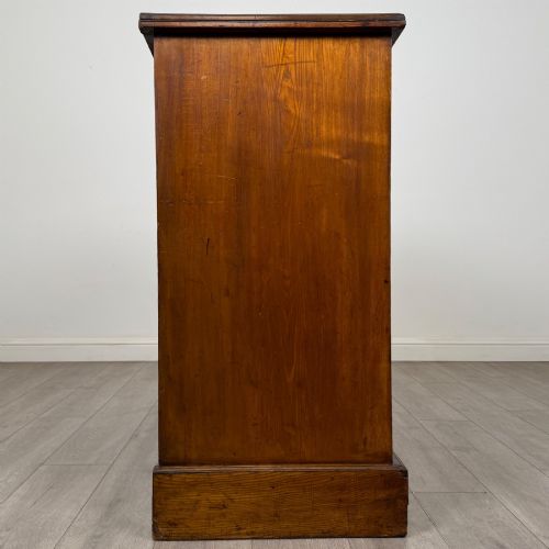 fig 7. A nineteenth-century warm brown ash wood cupboard featuring four drawers on the left and a panelled cupboard door on the right resting on a plinth base.