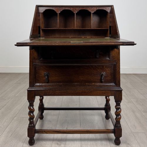 fig 1. Antique Small Edwardian Oak Bureau | Barley Twist Legs | AF-6548