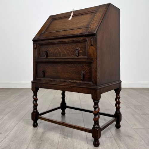 fig 2. Antique Small Edwardian Oak Bureau | Barley Twist Legs | AF-6548