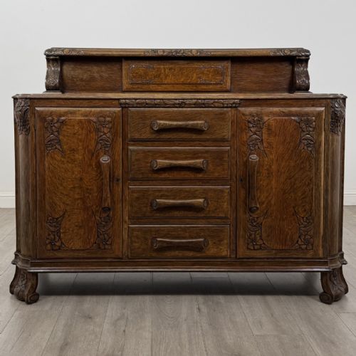 Antique Art Deco Golden Oak Sideboard | Carved Gallery Back | Af-6567