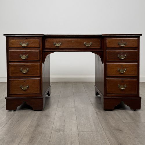 Antique Victorian Inlaid Mahogany Breakfront Desk | Red Writing Top