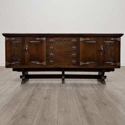 Antique Large Carved Oak Sideboard | Stretcher Base