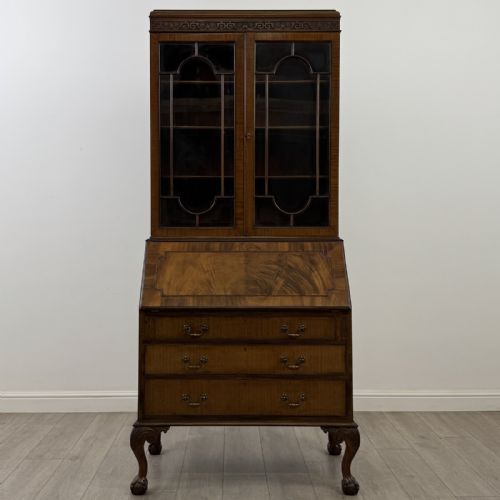 Antique Edwardian Walnut Bureau Bookcase | Claw and Ball Feet