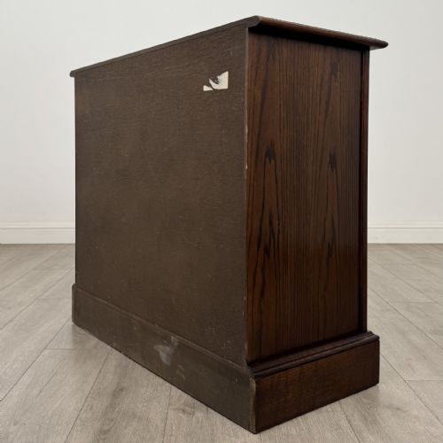 fig 2. A dark brown oak storage cupboard featuring two top drawers above twin doors with carved linenfold panels and brass handles.