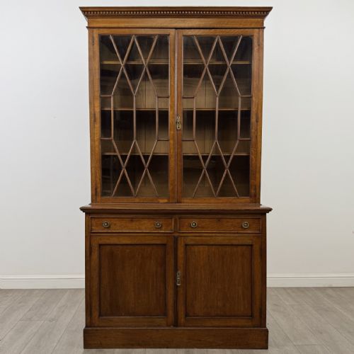Antique Victorian Golden Oak Bookcase | Dentil Cornice