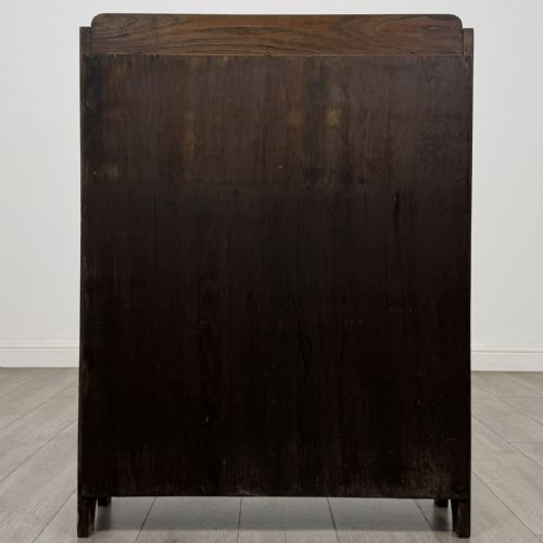 fig 5. A dark brown Edwardian oak open bookcase featuring two internal fixed shelves and simple vertical side panels.