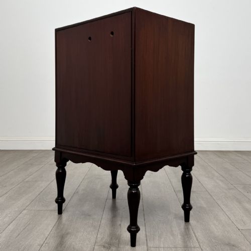 fig 6. A small dark mahogany cabinet featuring two panelled doors, a shaped apron, and four turned legs.