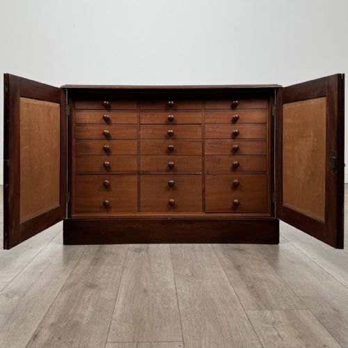 fig 1. A Victorian mahogany collectors cabinet featuring flame mahogany twin panel doors and a wide plinth base.