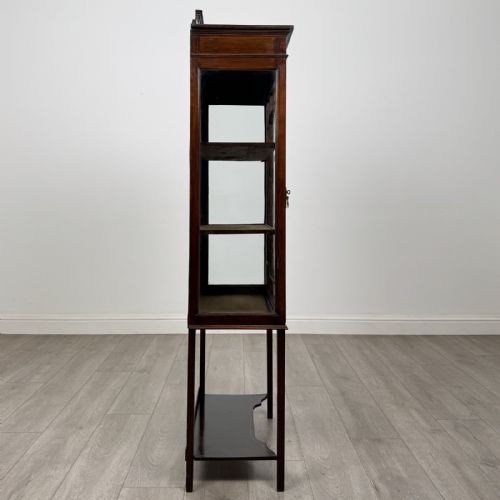fig 7. An Edwardian mahogany display cabinet featuring a painted inlaid floral frieze, single astragal glazed door, fabric-lined interior shelves, and tapered legs with a lower undertier.