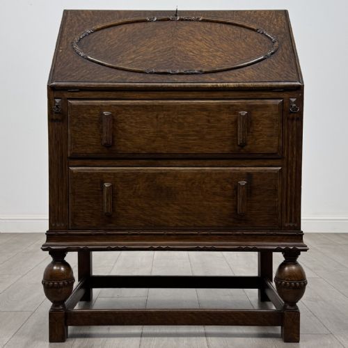 Antique Small Edwardian Figured Oak Bureau | Fitted Interior