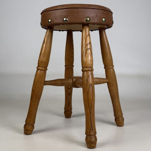 Antique 20th Century Oak Stool | Brass Studded Seat