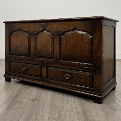 fig 1. A dark oak Georgian style drop-front mule chest featuring three arched fielded panels and two lower drawers with brass swan-neck handles.