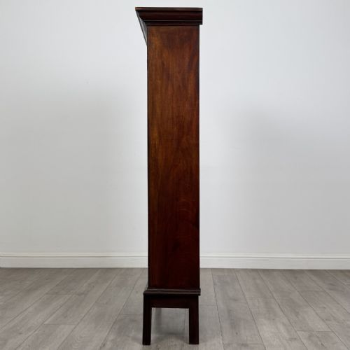 fig 2. A tall, narrow Georgian mahogany display cabinet featuring a single geometric astragal glazed door and internal fabric-lined shelves.