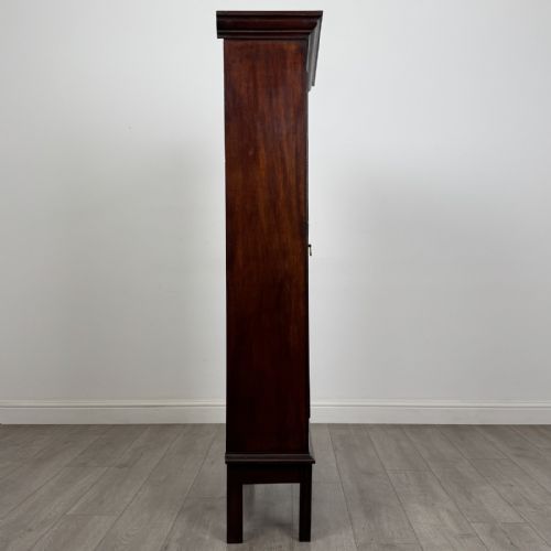 fig 6. A tall, narrow Georgian mahogany display cabinet featuring a single geometric astragal glazed door and internal fabric-lined shelves.