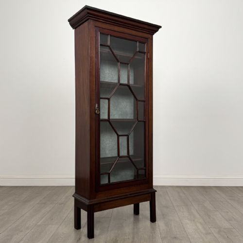fig 7. A tall, narrow Georgian mahogany display cabinet featuring a single geometric astragal glazed door and internal fabric-lined shelves.