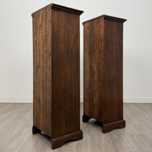 fig 6. A pair of tall dark brown hardwood cupboards featuring a central drawer and panelled doors, with one lower panel decorated with a painted urn motif.