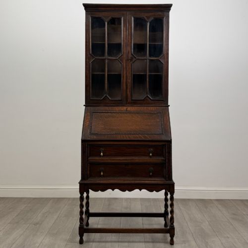 Antique Small Jacobean Style Oak Bureau Bookcase | Glazed Top