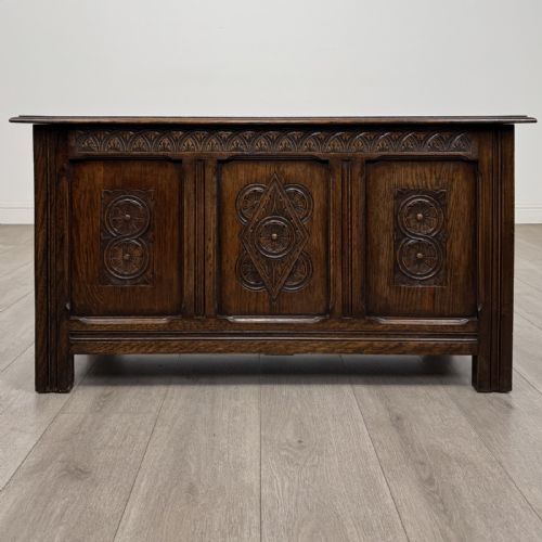 Vintage Jacobean Style Carved Oak Blanket Box | Lunette Frieze