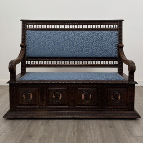Antique Large French Carved Oak Hall Bench | Storage Seat