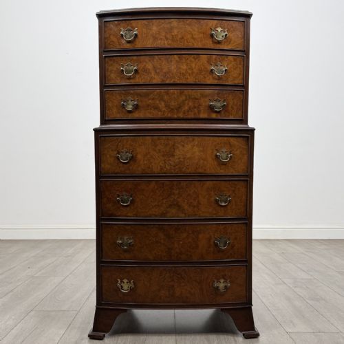 Vintage Small Georgian Style Burr Walnut Tallboy | Bow Front