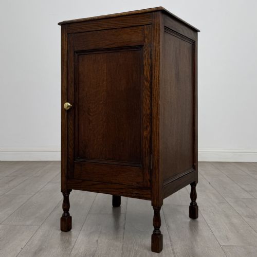 fig 1. A dark brown oak record cabinet featuring a single panelled door with a brass knob and turned legs.