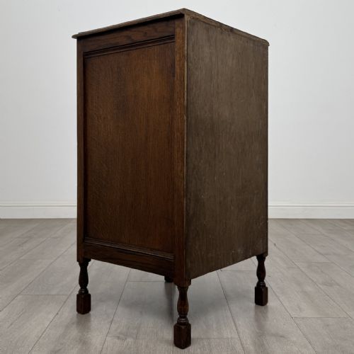 fig 3. A dark brown oak record cabinet featuring a single panelled door with a brass knob and turned legs.