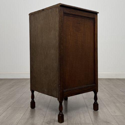 fig 5. A dark brown oak record cabinet featuring a single panelled door with a brass knob and turned legs.