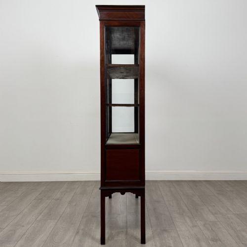 fig 3. An Edwardian mahogany display cabinet featuring two astragal glazed doors, a shaped arched cresting, and lower veneered panels supported on slender splayed legs.