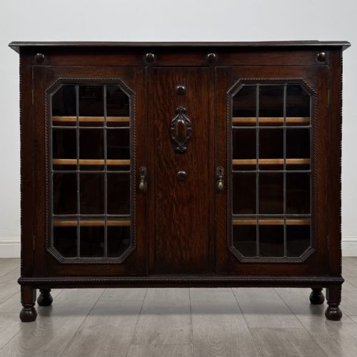 Antique Jacobean Style Oak Display Cabinet | Leaded Glass Doors