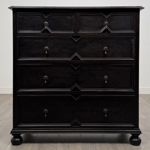 Antique Jacobean Style Ebonised Oak Chest of Drawers | Bun Feet