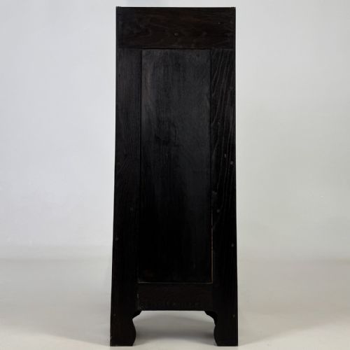 fig 4. A tall narrow dark oak open bookcase featuring a gallery top and three shelves above a shaped base.