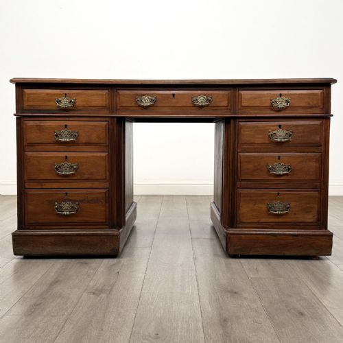 Antique 19th Century Walnut Pedestal Desk | Black Leather Top