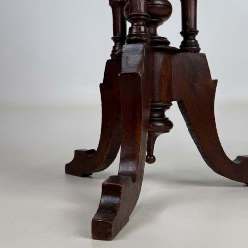 fig 3. A dark brown Victorian lamp table featuring a circular circular top supported by three bobbin-turned upright columns on a tripod base.