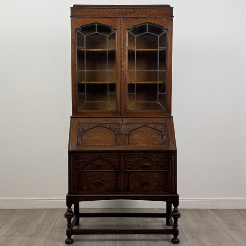 Antique Jacobean Style Oak Bureau Bookcase | Leaded Glass Doors